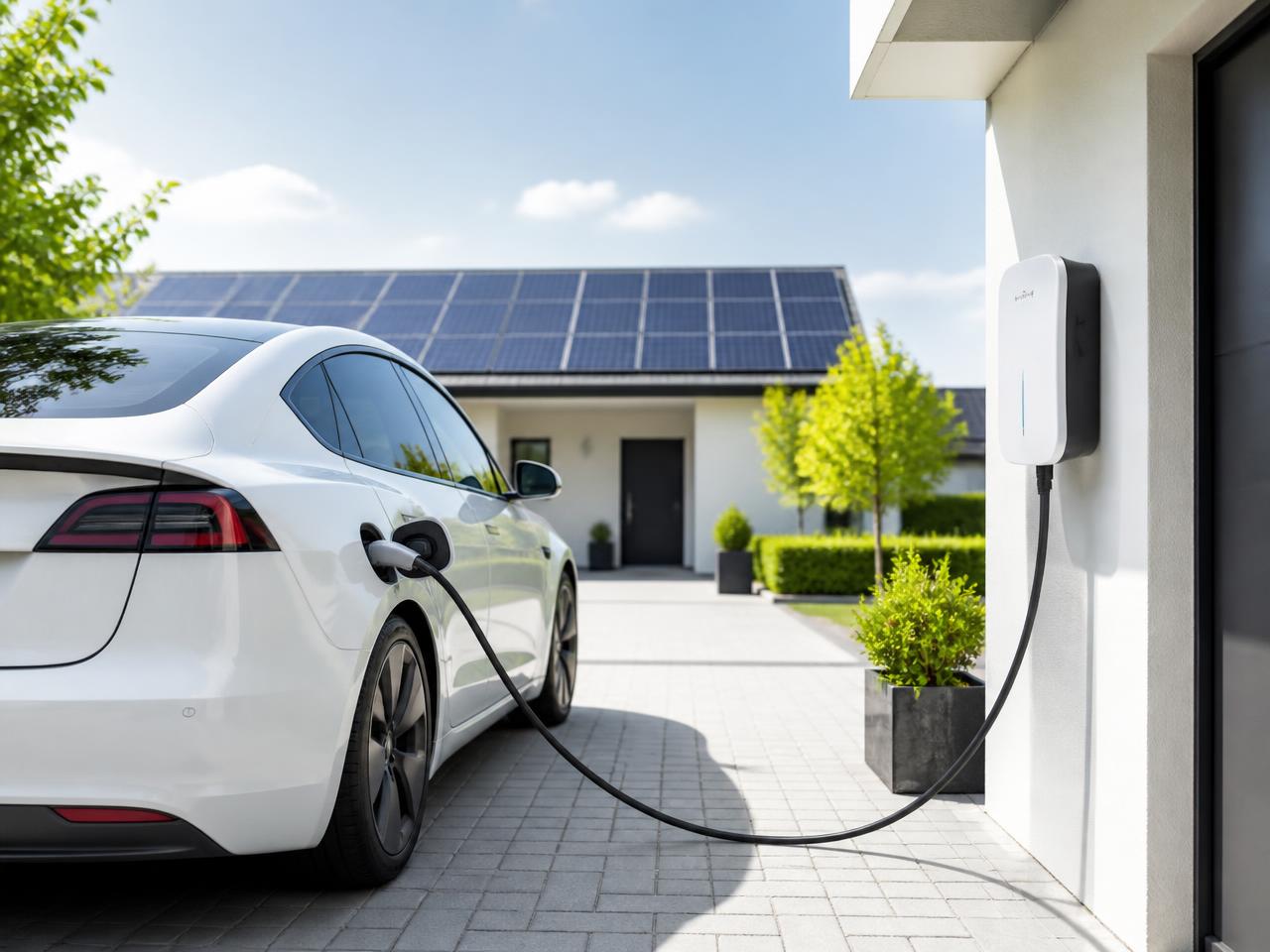Carro elétrico sendo carregado em casa com painéis solares no telhado